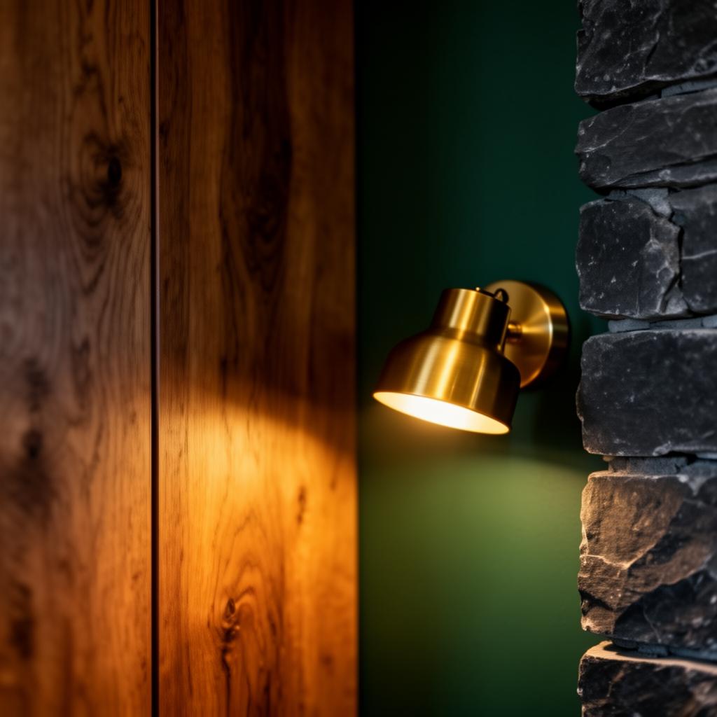 Warm cabin interior detail with brass sconce on stone and wood